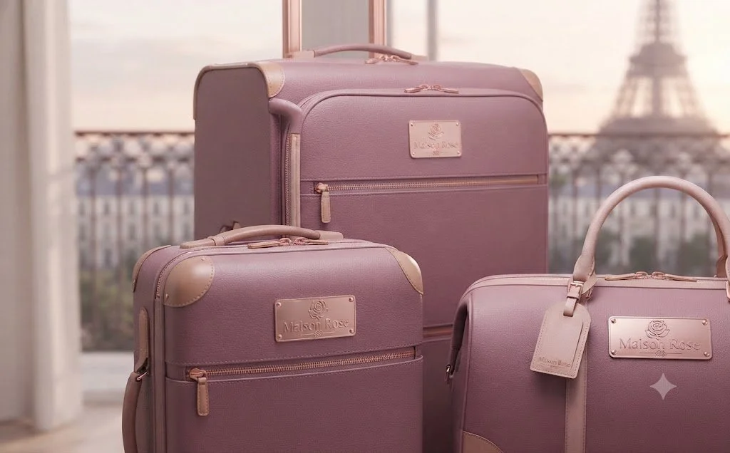 Pink luggage set with tags, in front of a window with a view of the Eiffel Tower in Paris.