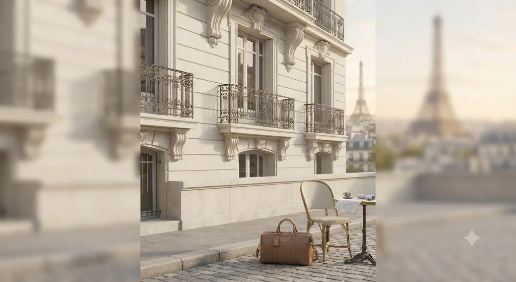 Outdoor terrace with a table, chair, and bag, overlooking the Eiffel Tower in Paris.
