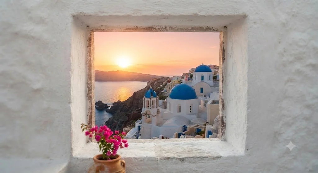 Santorini: A classic, golden horizon.