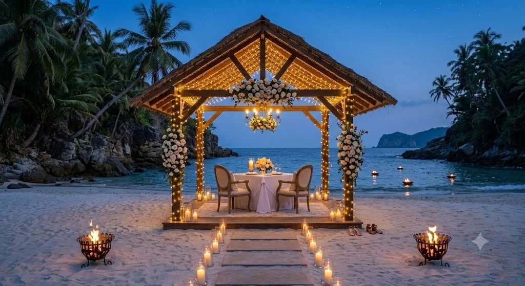 The Midnight Shoreline:
A private beachfront dinner under a canopy of warm fairy lights. Tucked away on a remote island cove, this candlelit hideaway offers an intimate escape where the only sound is the tide.