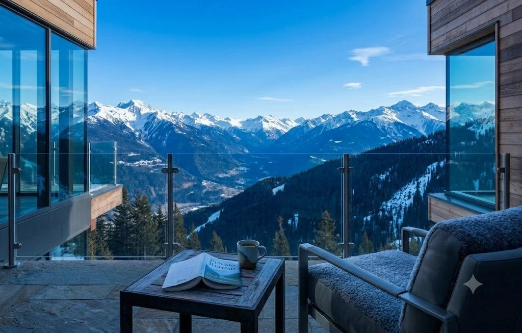 The Alpine Lookout:
A breathtaking perspective from a sophisticated mountain retreat. Relax on the terrace with a warm cup of tea and a book, overlooking a pine-forested valley and snow-capped peaks.