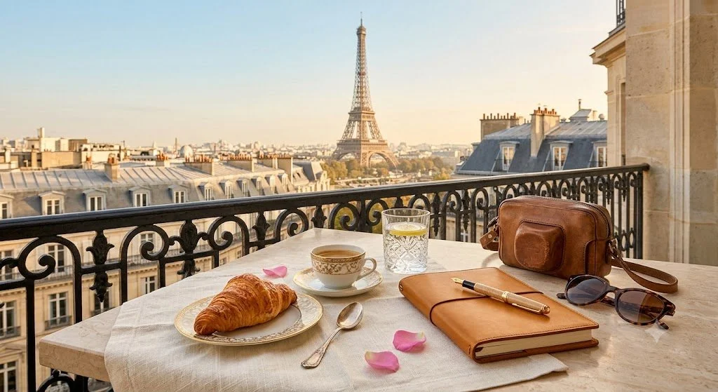 Breakfast table on a Paris balcony with croissant, cup of coffee, glass of water, notebook, pen, bag, and sunglasses, with the Eiffel Tower in the background at sunrise or sunset.