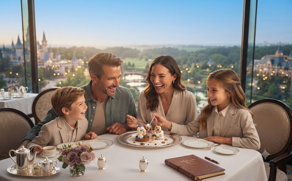 Family of four enjoying a birthday celebration with cakes at a restaurant with large windows and a scenic view outside.