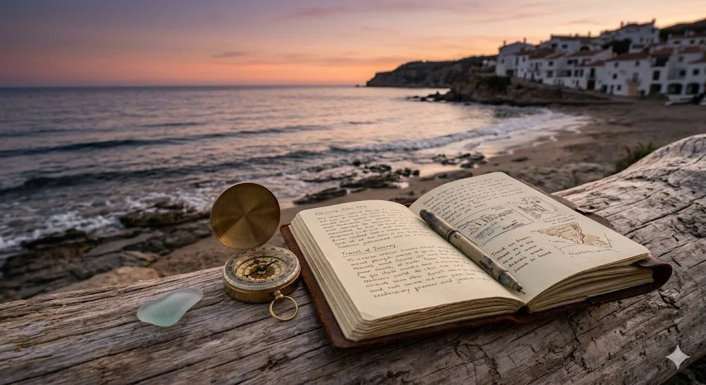 Open notebook with sketches and notes on a weathered log on a beach at sunset, with a compass and a glass pebble nearby.
