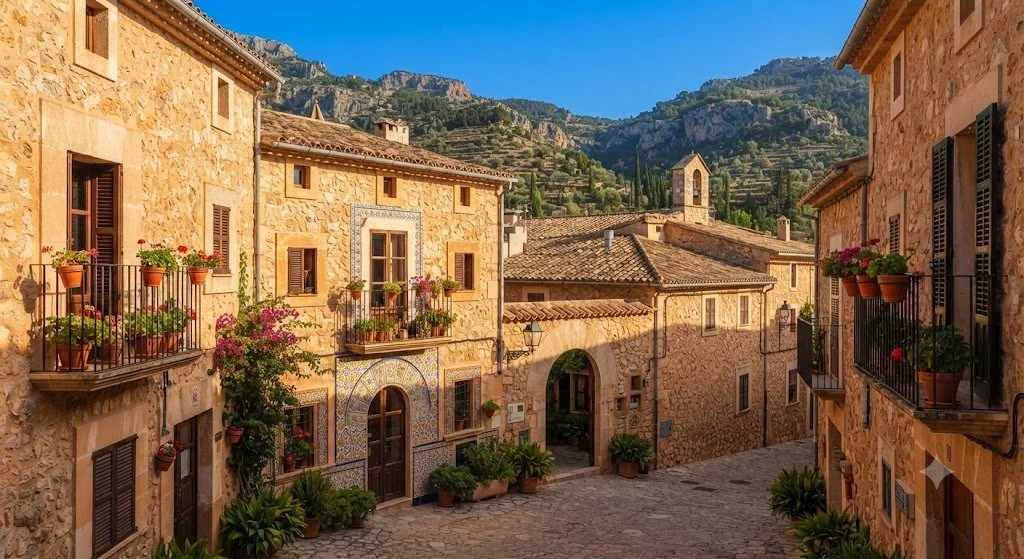 Sunlit historic Mediterranean stone village steps and traditional architecture in Mallorca.