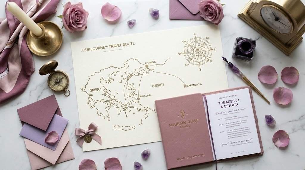 Flat lay of travel-themed items on a white marble surface, including a map of Greece and Turkey, travel book titled 'The Aegean & Beyond,' pink envelopes, roses, a compass, a clock, and a fountain pen.