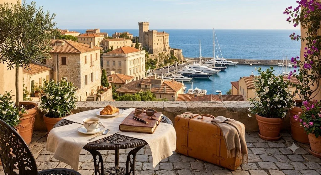 A balcony with a table set for breakfast, overlooking a coastal town with old buildings, a castle, and a marina with yachts, surrounded by potted plants and flowers.