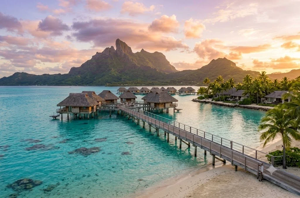 Overwater bungalows on a tropical island with a mountain in the background during sunset.