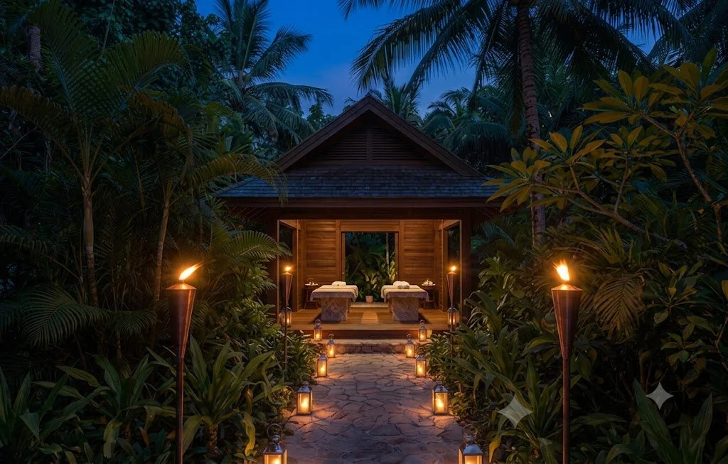 The Botanical Pavilion:
A wellness sanctuary hidden deep within a tropical canopy. Illuminated by torchlight, this open-air pavilion is designed exclusively to disconnect from the world and realign the senses.

