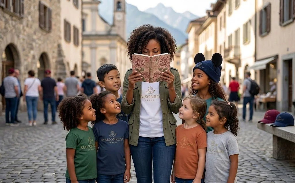 A woman with curly hair reading a book to a group of six children on a cobblestone street in a European town, with old buildings and mountains in the background.