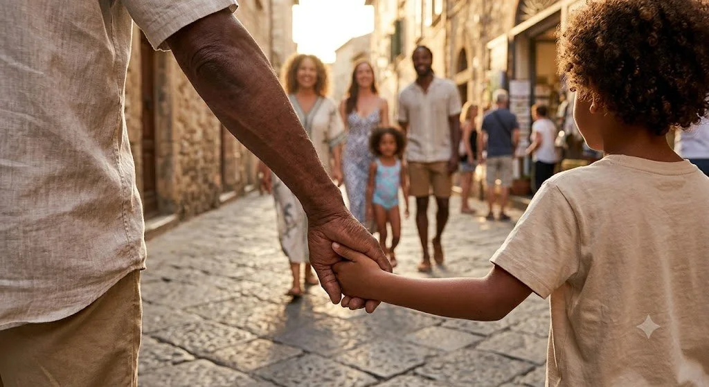 A young boy holding hands with an older man on a cobblestone street, with a group of smiling people walking in the background.