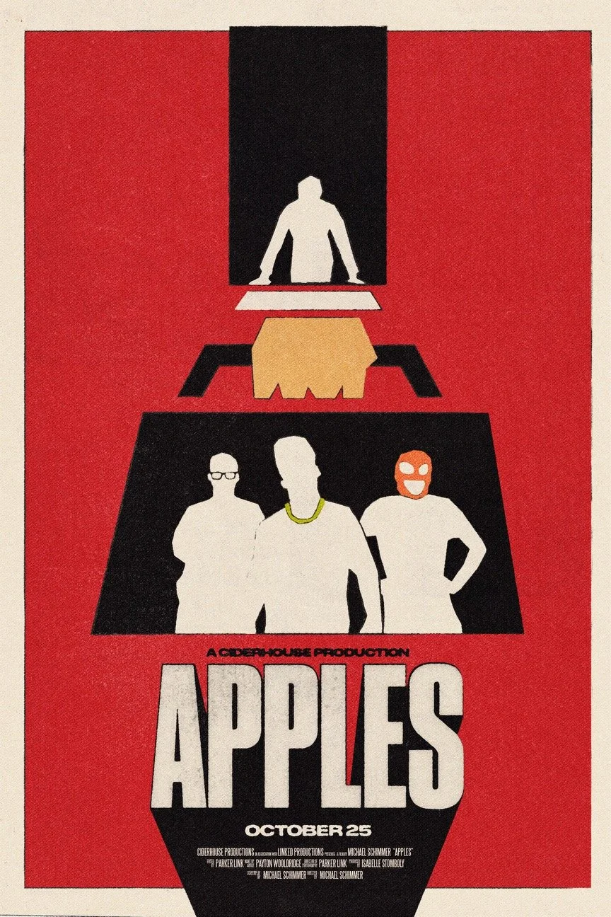 Graphic poster for the production "Apples" featuring four stylized characters against a red background, with bold white text displaying the title and date October 25.