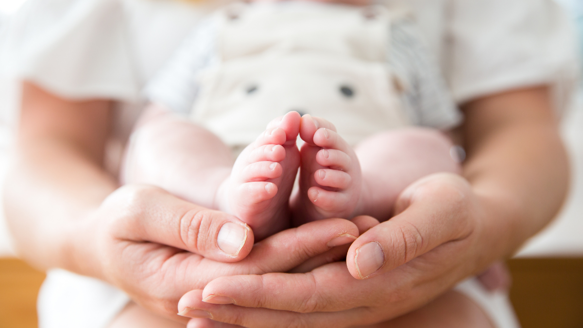 Newborn baby's feet resting in a parent's hands, symbolising nurturing, connection and support during the fourth trimester.