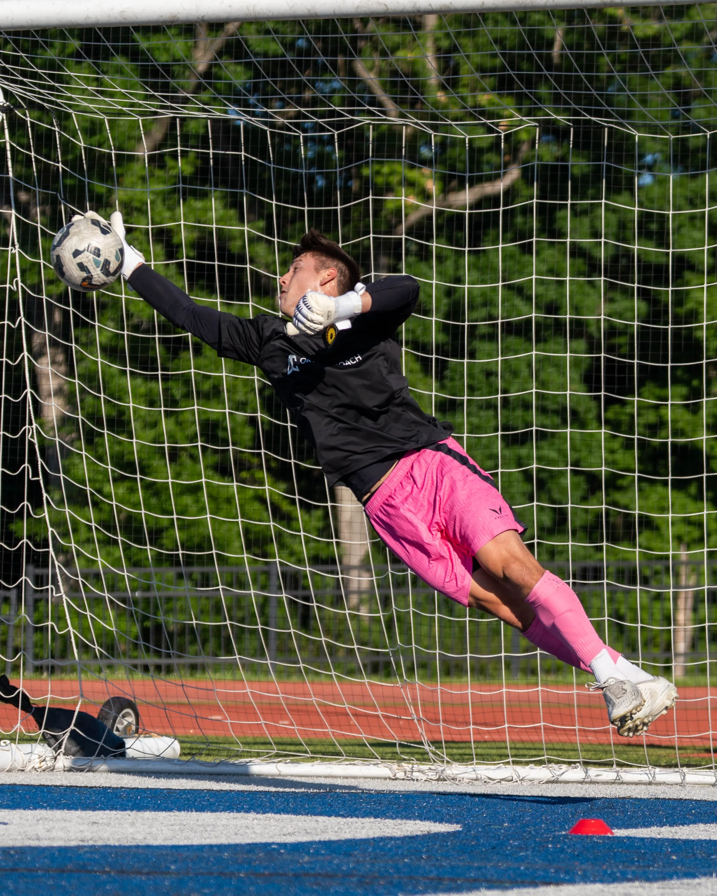 Noah Reuscher (#1) for Sunflower State FC making a great save during warmups on the road against FC Ambush on June 13th, 2026 - Photo by: Austin Farrow