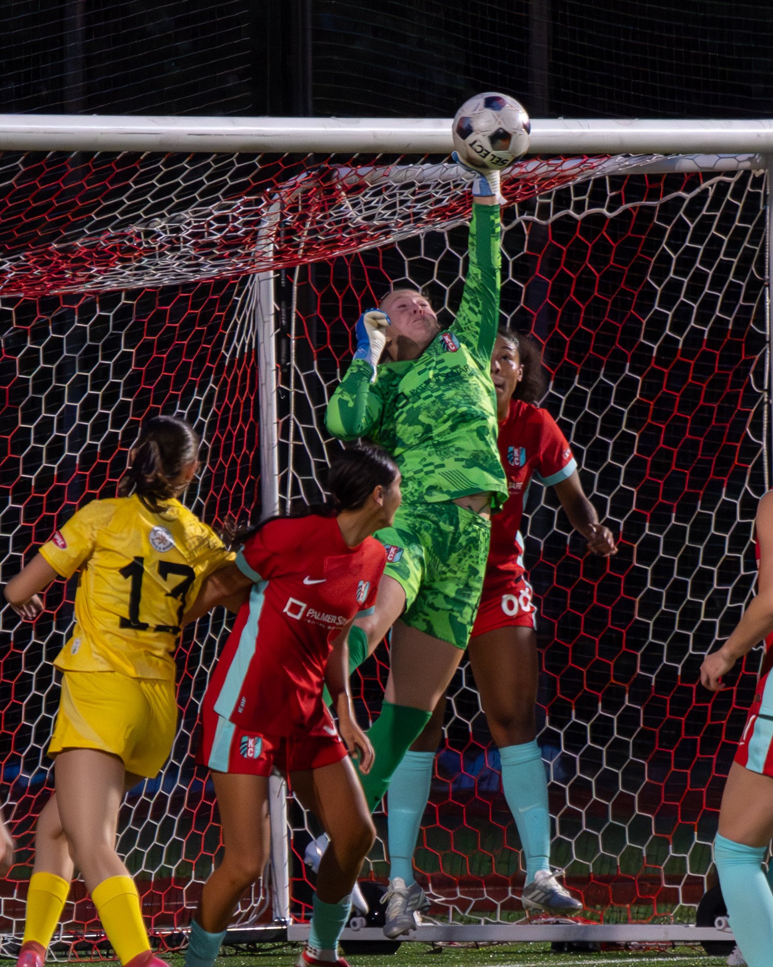 KC Current II goalkeeper making a good save to tip the ball over at Sunflower State FC on May 20th, 2026 - Photo by: Austin Farrow