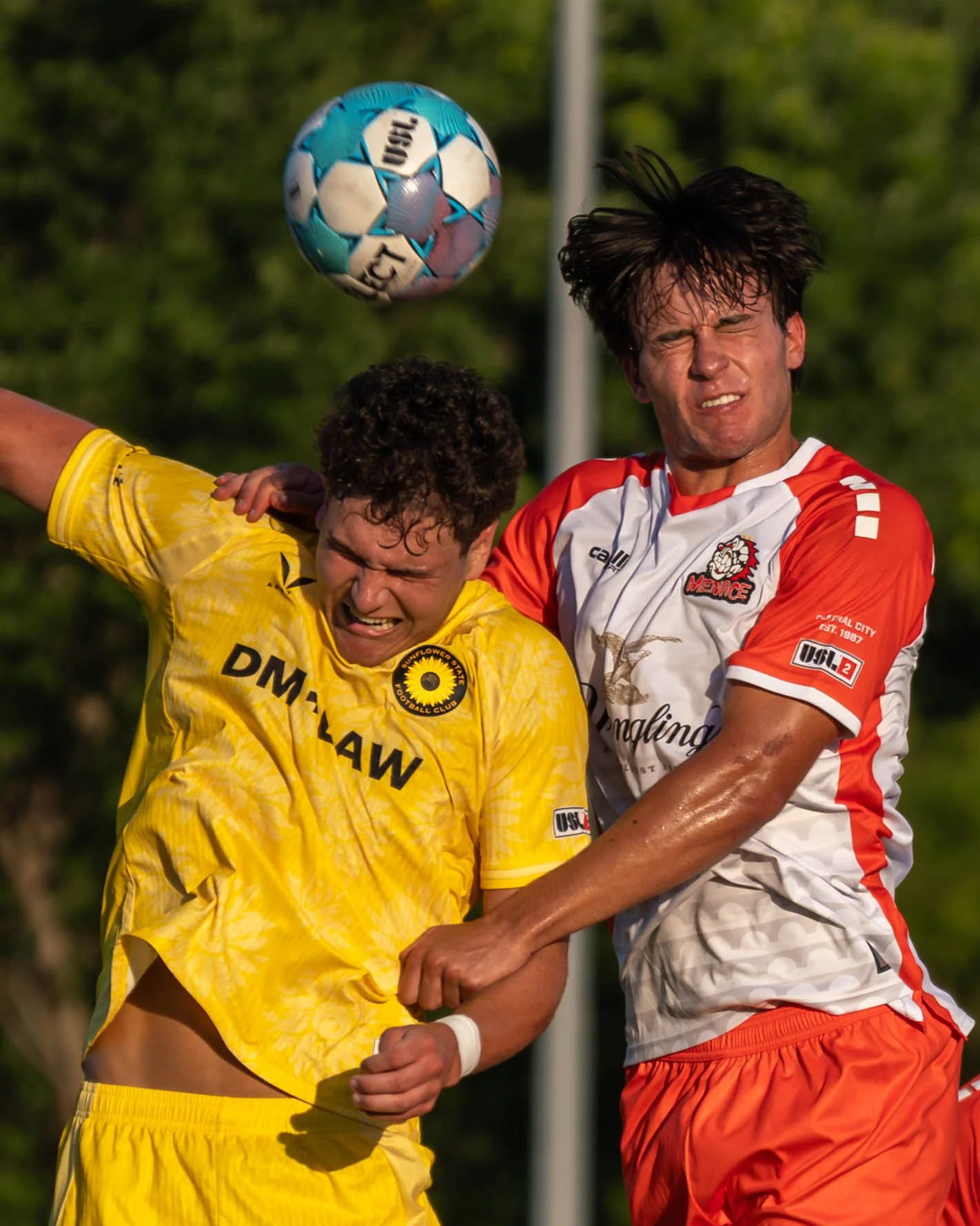 Sunflower State FC's Crew Alvarez and a Des Moines Menace player both in the air contesting a header on June 3rd, 2026 - Photo by: Austin Farrow