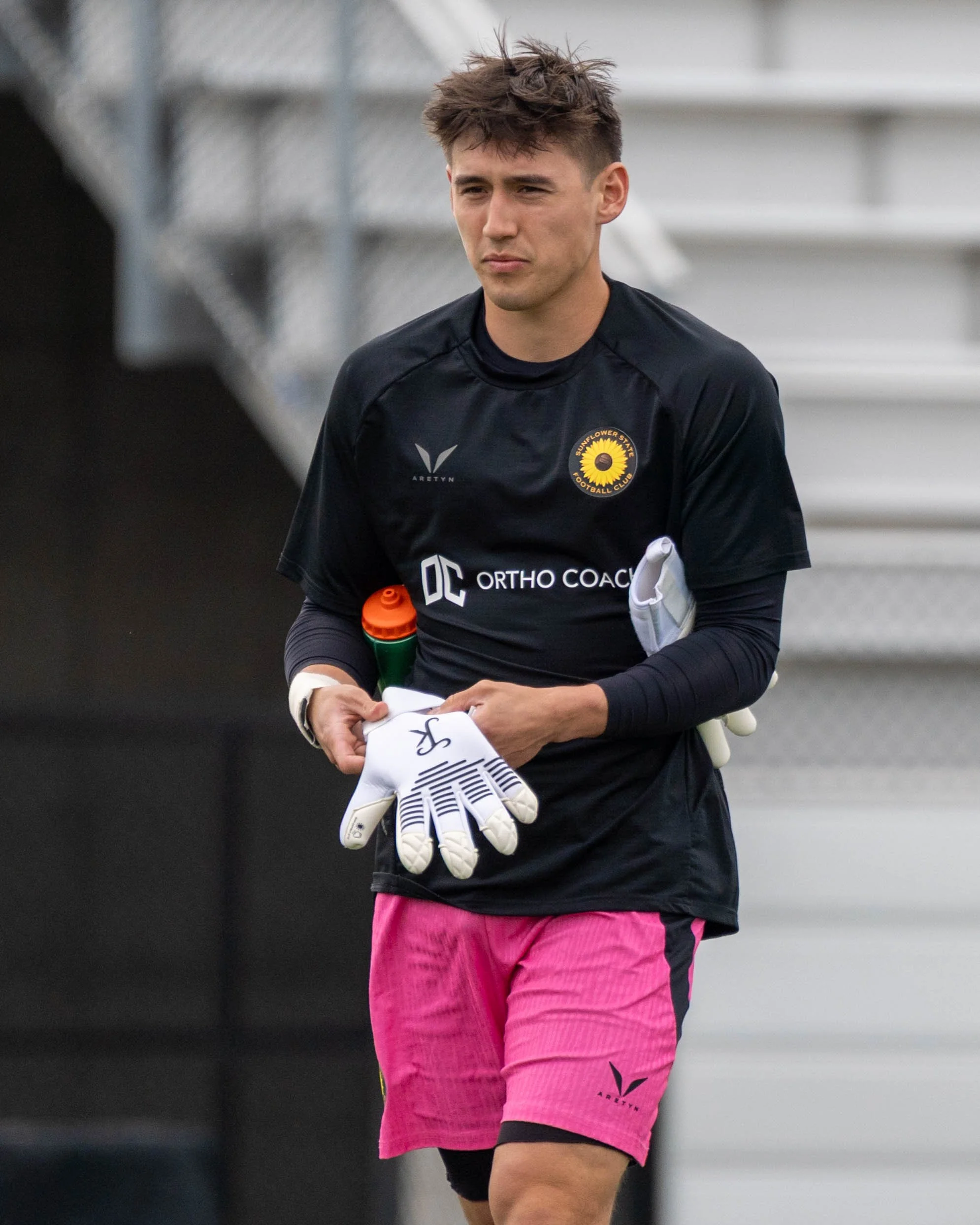 Noah Reuscher (#1) for Sunflower State FC walking out for warmups on the road against Des Moines Menace on May 30th, 2026 - Photo by: Austin Farrow