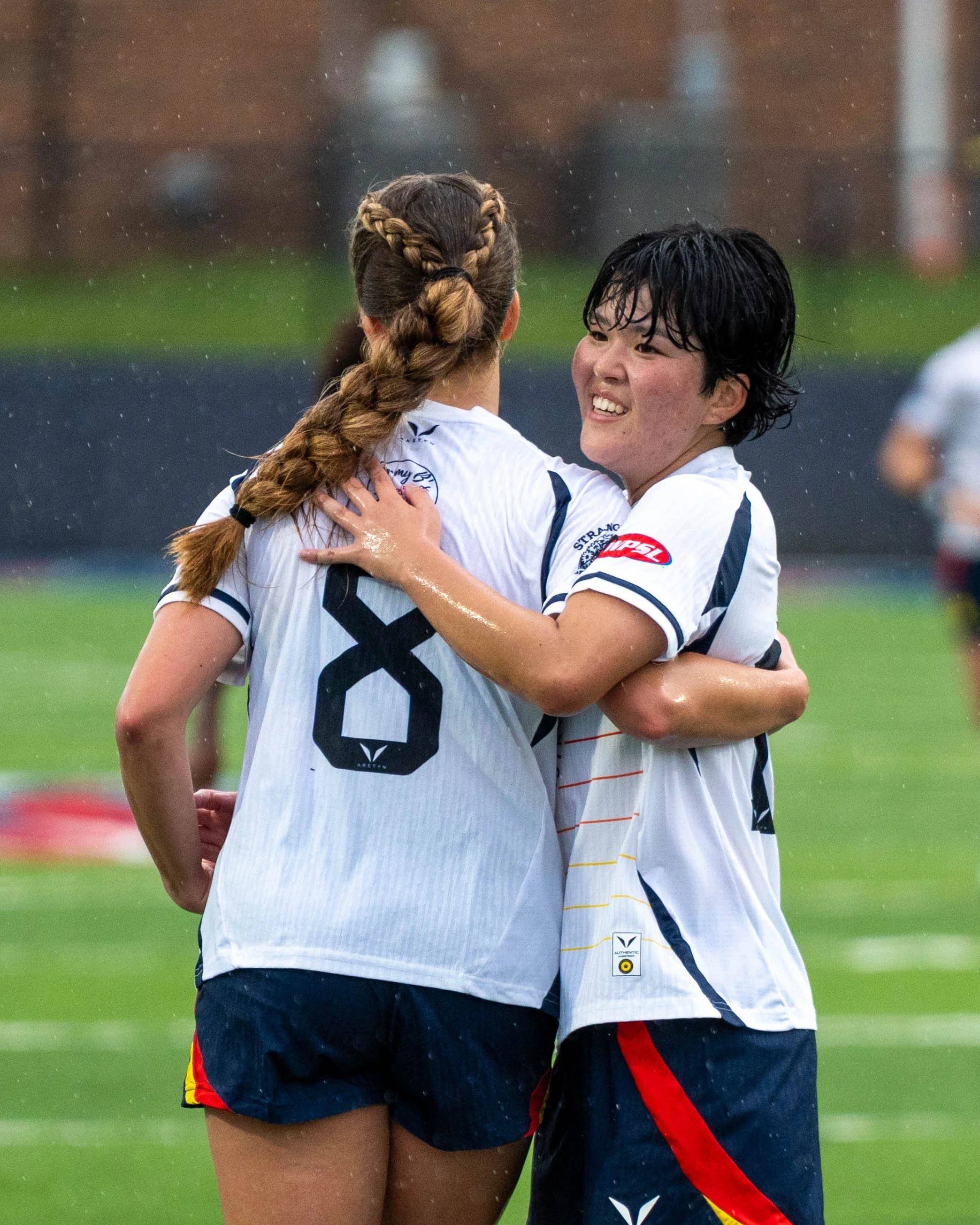Sunflower State FC's Juliana Wardlaw (#8) celebrates with a teamate after scoring a goal vs Wichita FC on June 7th, 2026 - Photo by Austin Farrow