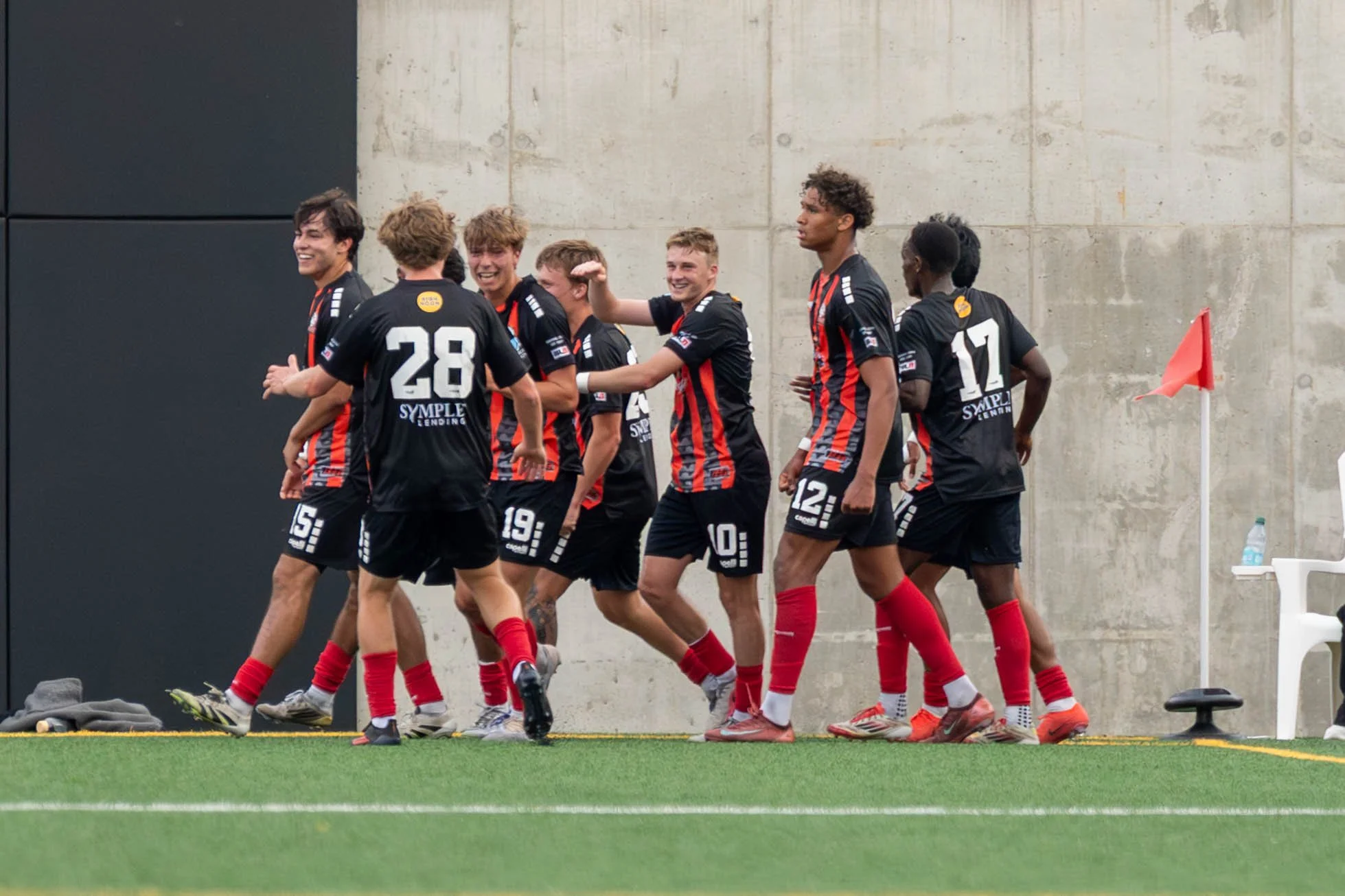Des Moines Menace players celebrating a goal at home against Sunflower State FC on May 30th, 2026 - Photo by: Austin Farrow