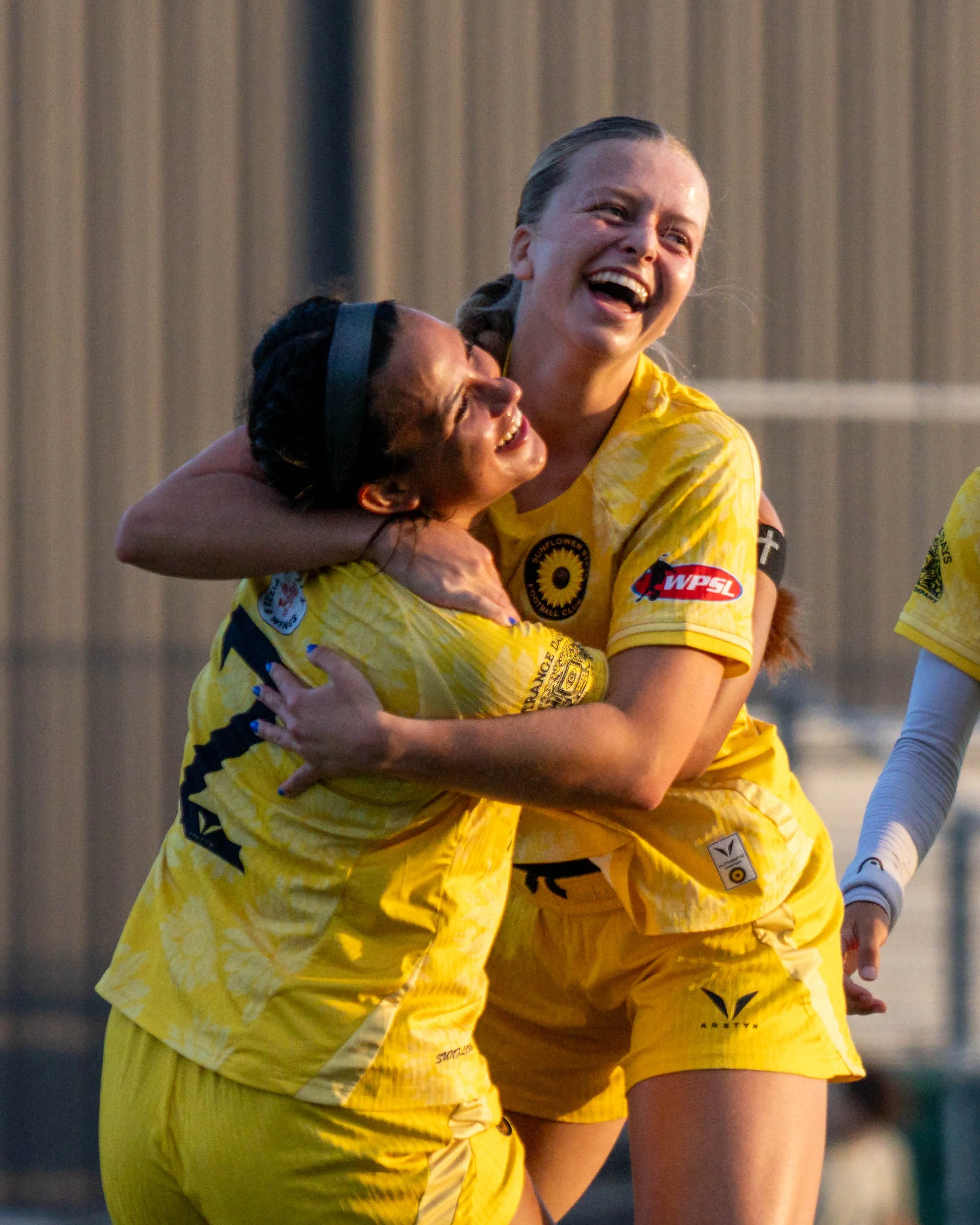Sunflower State FC's Ximena Arnau and Juliana Wardlaw (#8) celebrate after scoring a goal on the road vs Wichita FC on June 10th, 2026 - Photo by Austin Farrow