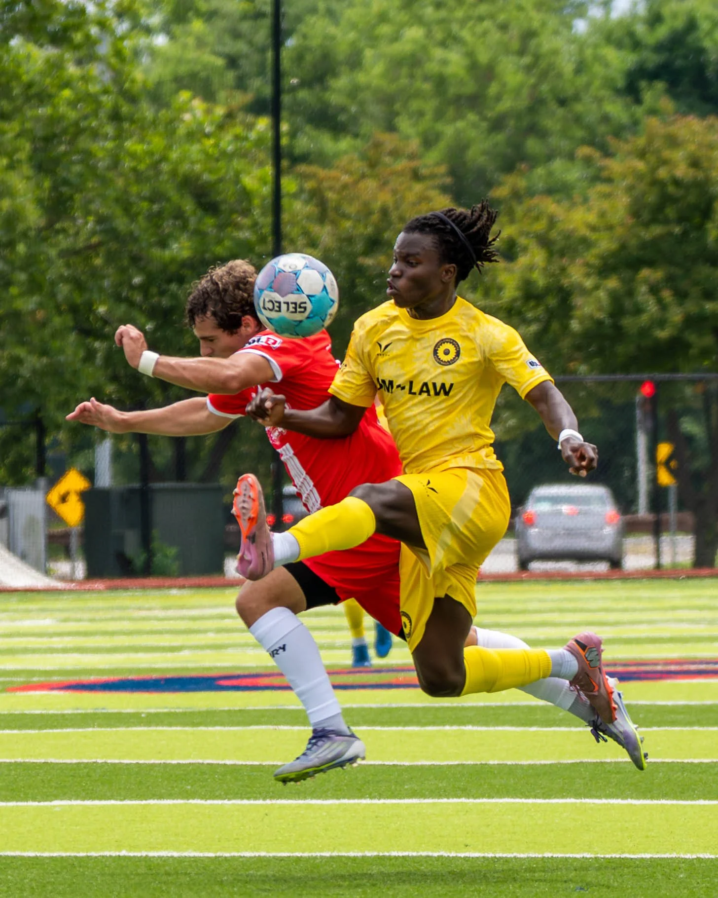 Two players get physical for a contested ball between Sunflower State FC and Springfield FC on June 6th, 2026 - Photo by: Austin Farrow