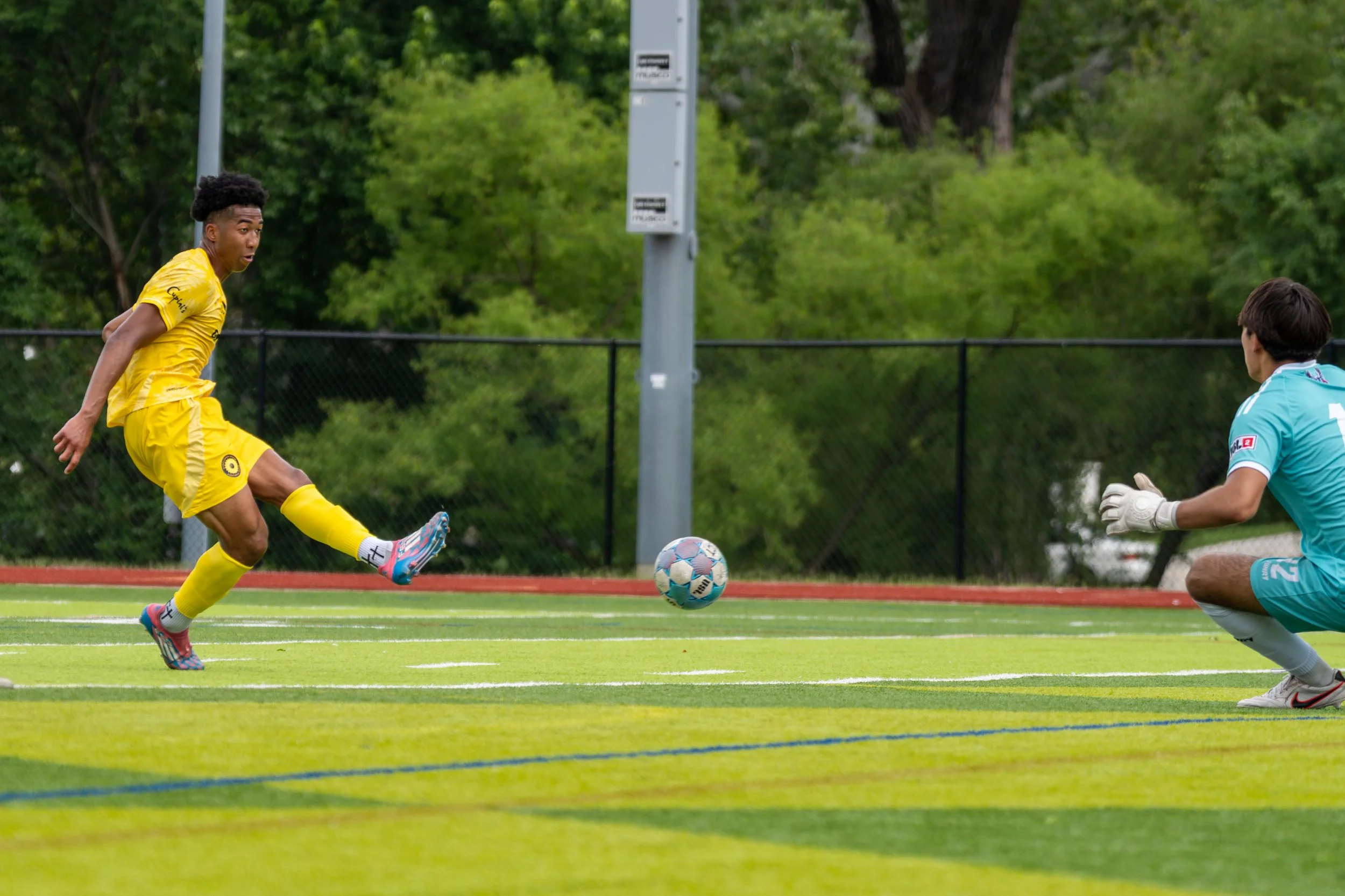 Sunflower State FC's Immanuel Wayoro (#7) shoots a shot past the goalkeeper and scores the game winning goal at home against Springfield FC on June 6th, 2026 - Photo by: Austin Farrow