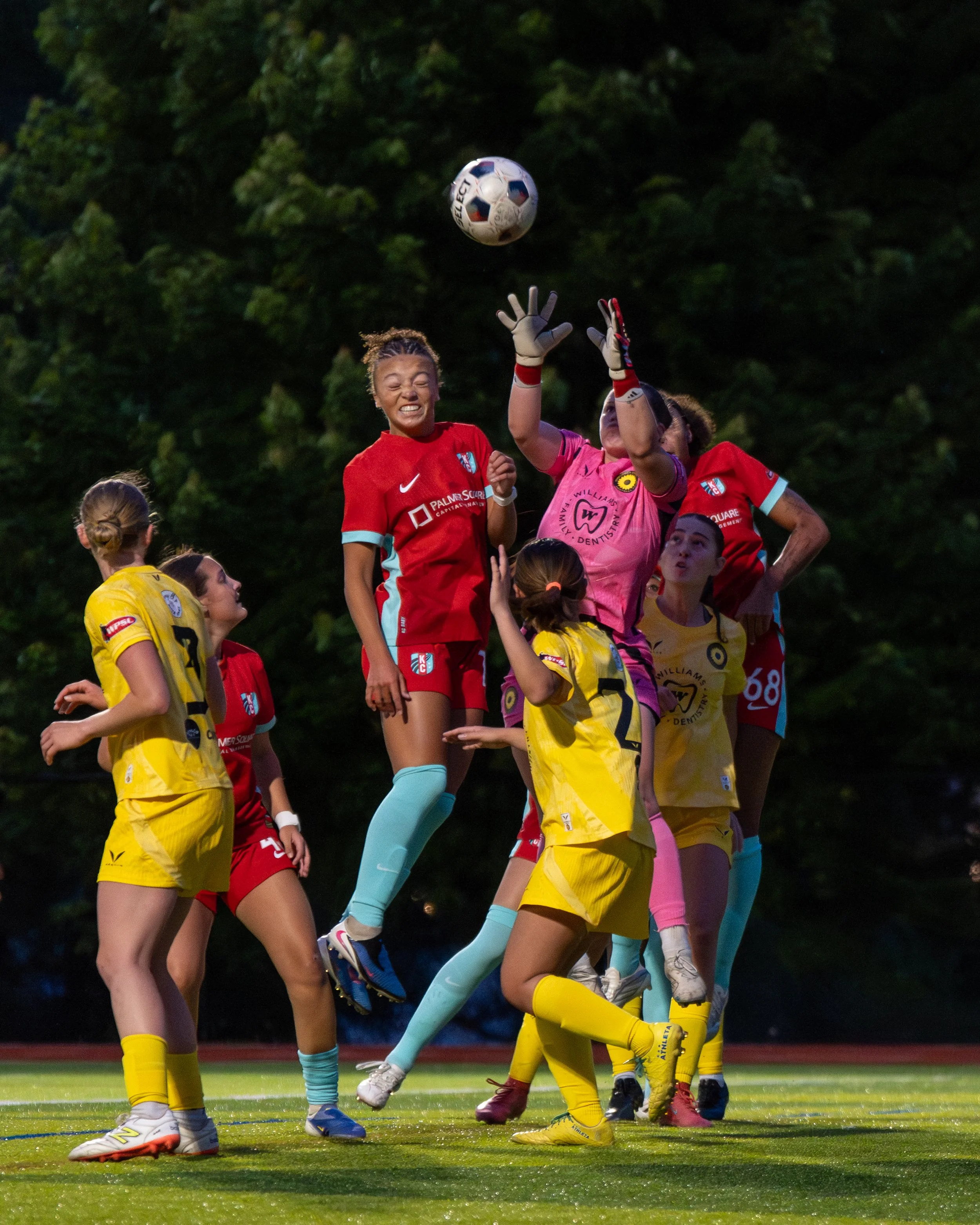 KC Current II players and Sunflower State FC players all contend a cross into the box which is ultimately claimed by Sunflower State FC's goalkeeper on May 20th, 2026 - Photo by: Austin Farrow