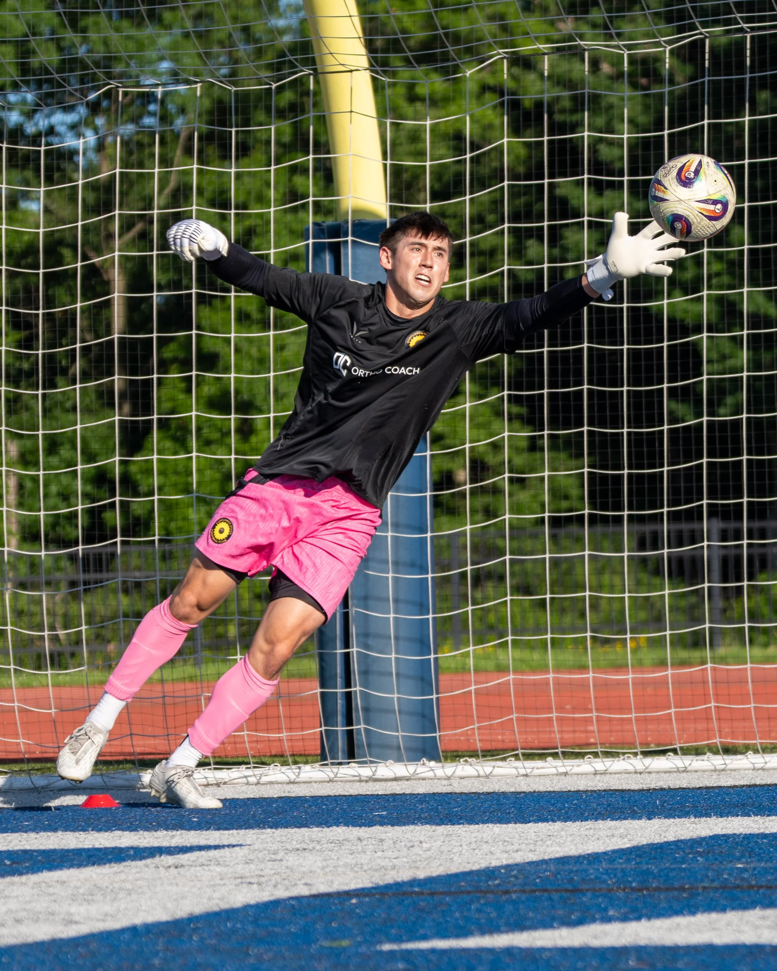 Noah Reuscher (#1) for Sunflower State FC making a great save during warmups on the road against FC Ambush on June 13th, 2026 - Photo by: Austin Farrow