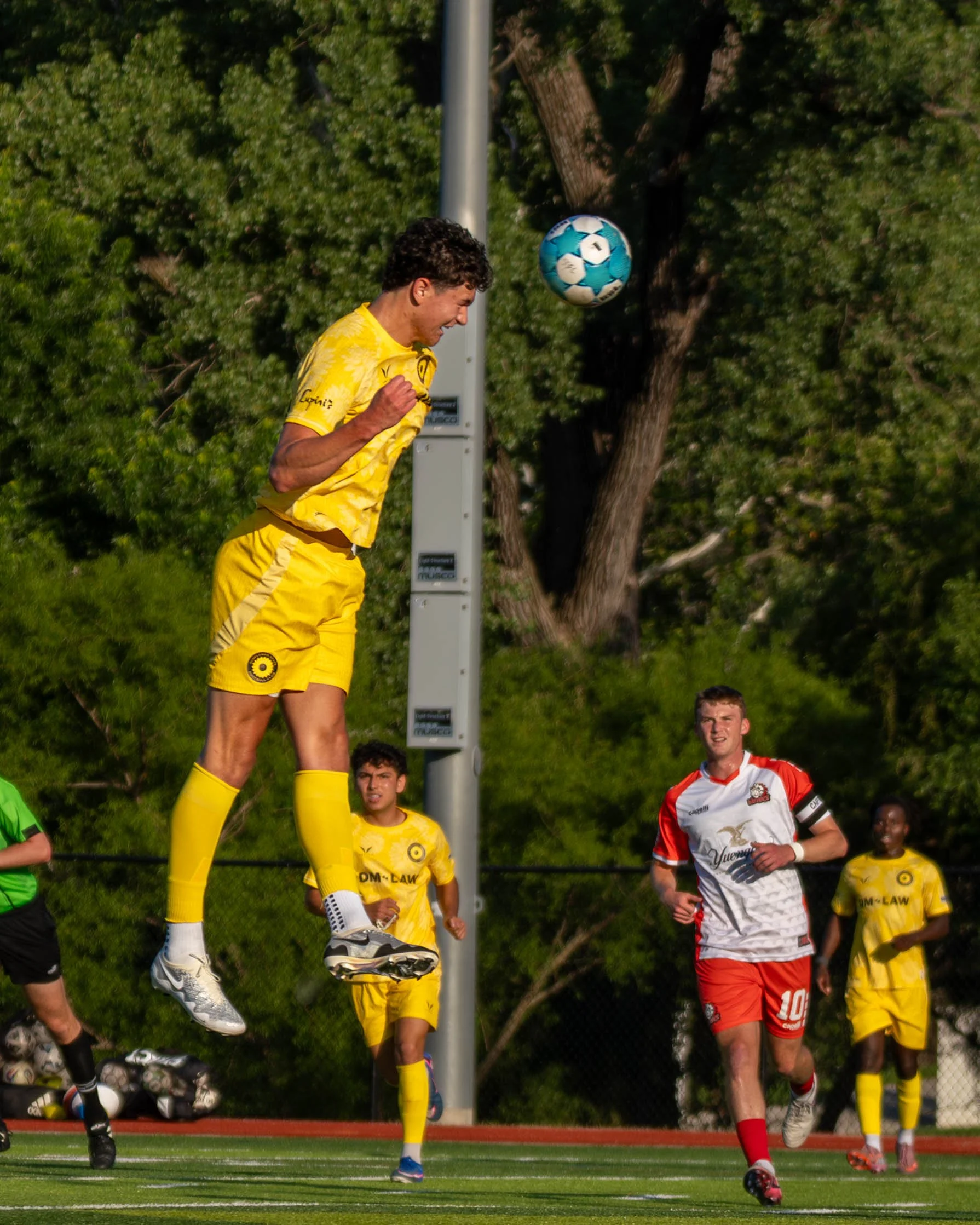 Sunflower State FC's Crew Alvarez heads the ball in for a goal at home against Des Moines Menace on June 3rd, 2026 - Photo by: Austin Farrow
