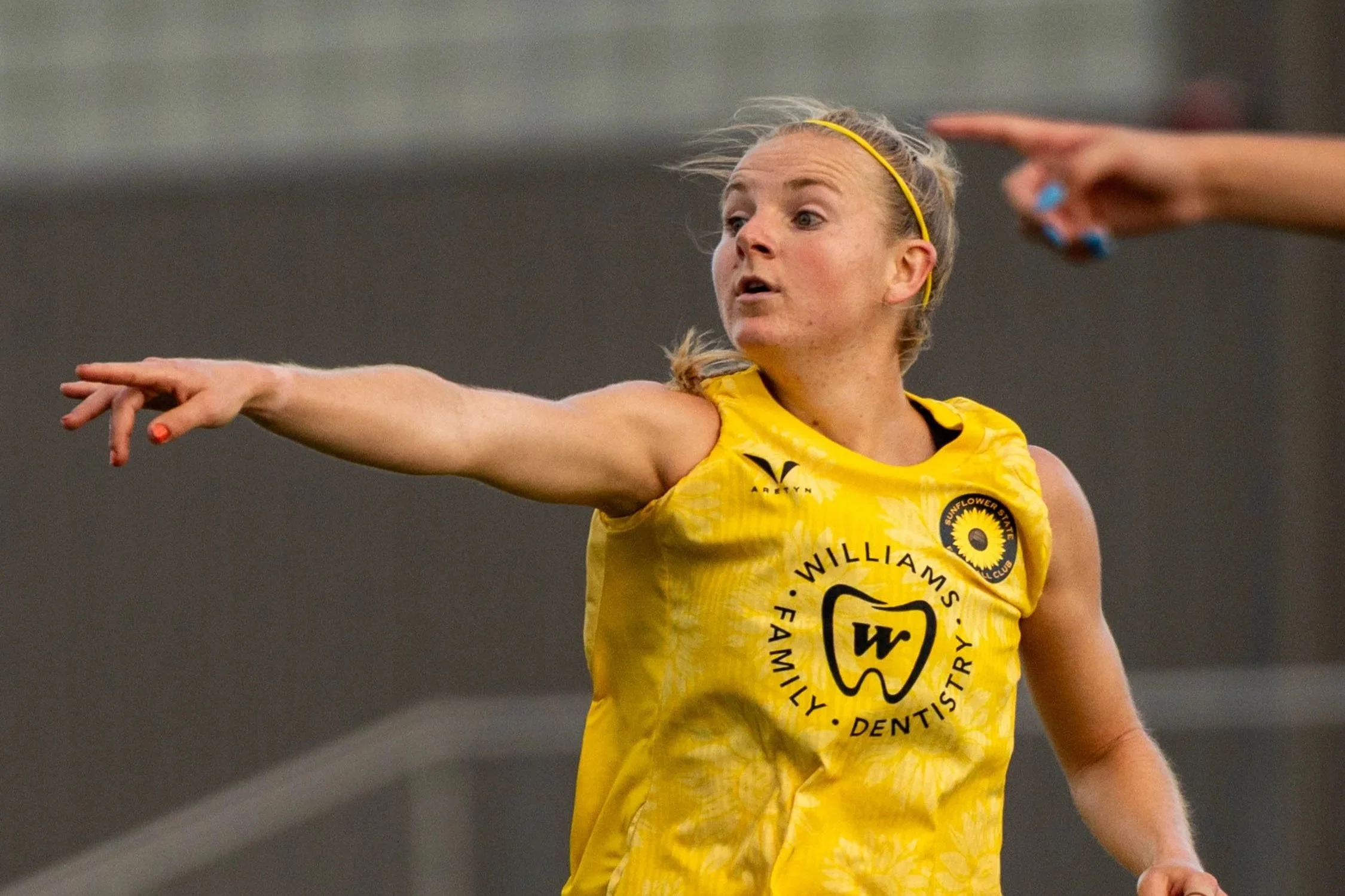 Sunflower State FC’s Alexis Mitchell points instruction to her teamate on the road against FC Wichita on June 10th, 2026