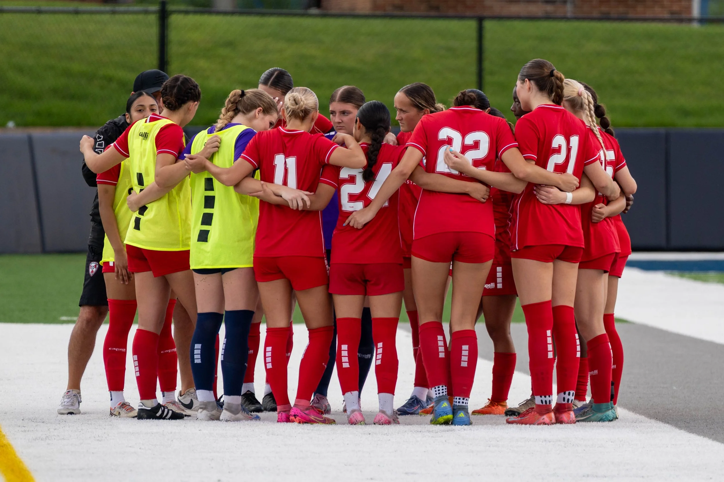 Wichita FC in a team huddle on the road at Sunflower State FC on June 7th, 2026 - Photo by Austin Farrow