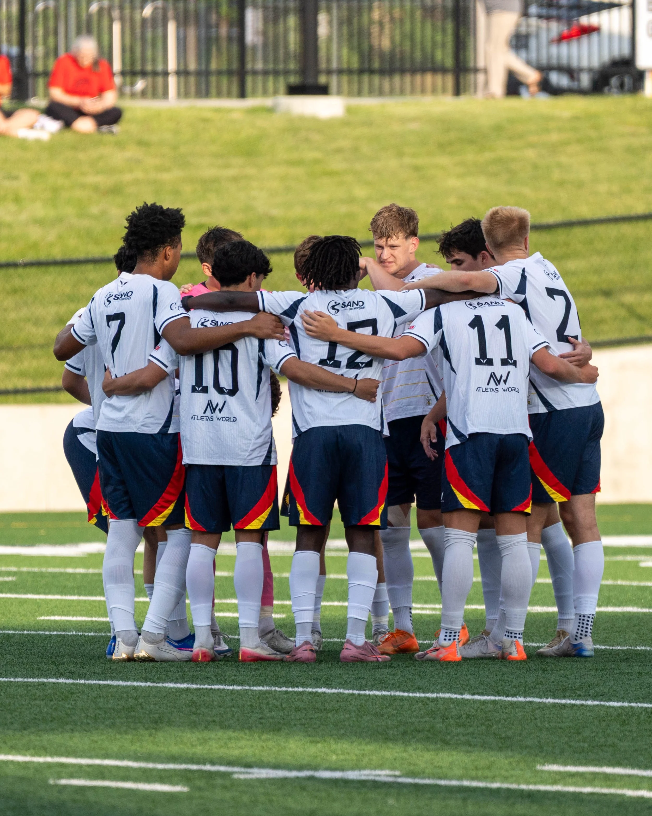 Sunflower State FC starters in a huddle on the road against Des Moines Menace on May 30th, 2026 - Photo by: Austin Farrow