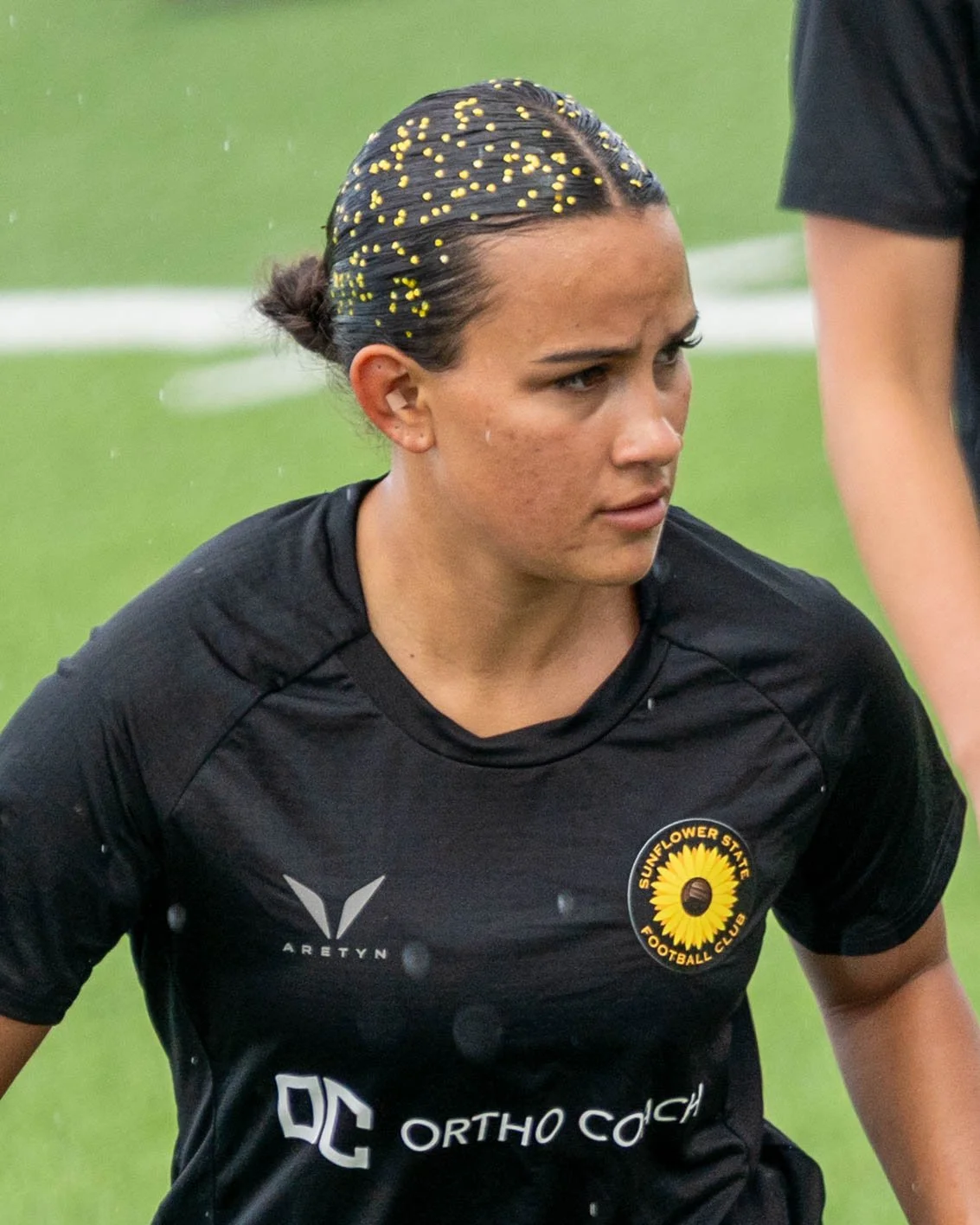 Sunflower State FC's Ximena Arnau staring off to the ball during warmups at home vs Wichita FC on June 7th, 2026 - Photo by Austin Farrow