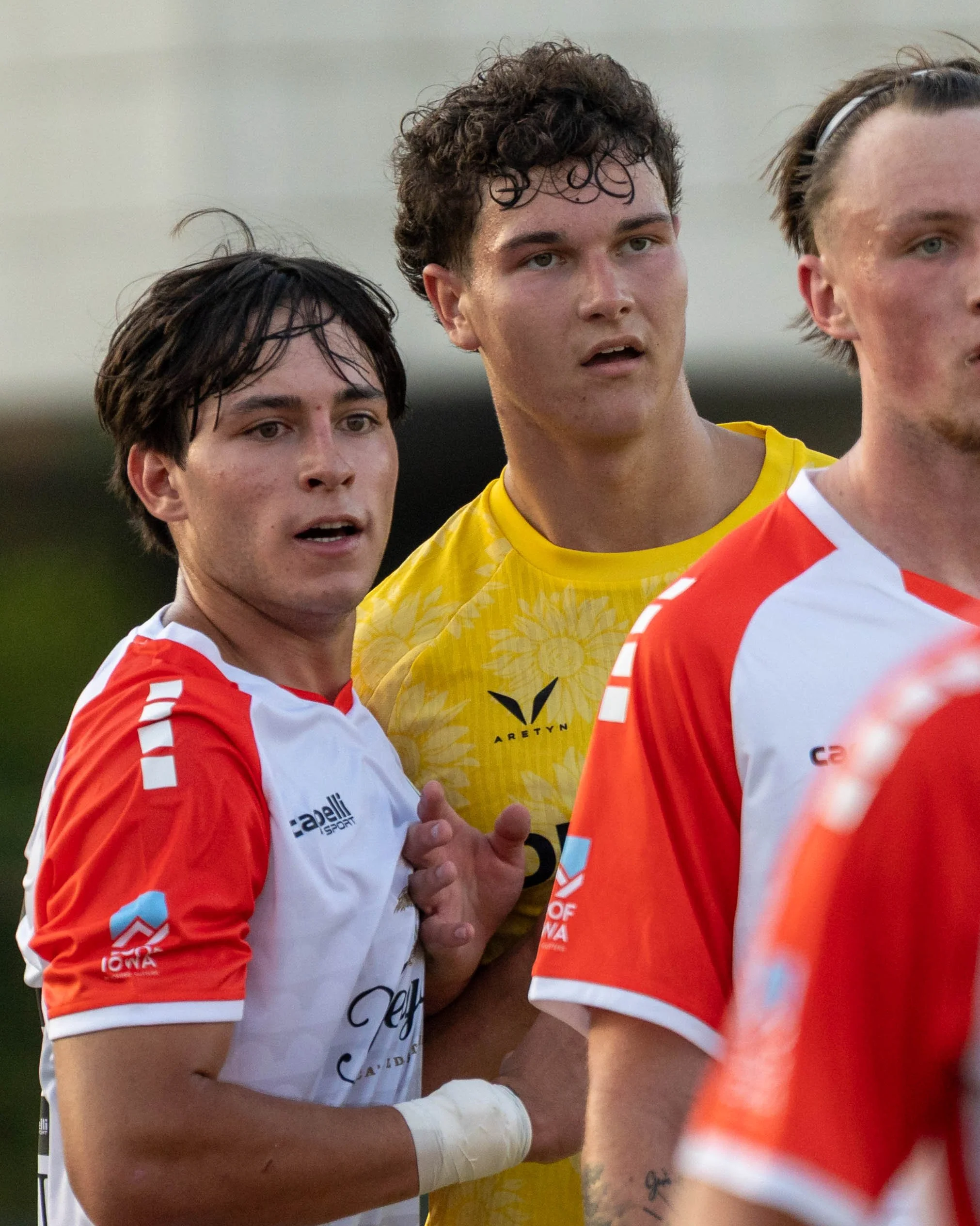Sunflower State FC's Crew Alvarez and a Des Moines Menace player both prepare for a set piece on June 3rd, 2026 - Photo by: Austin Farrow