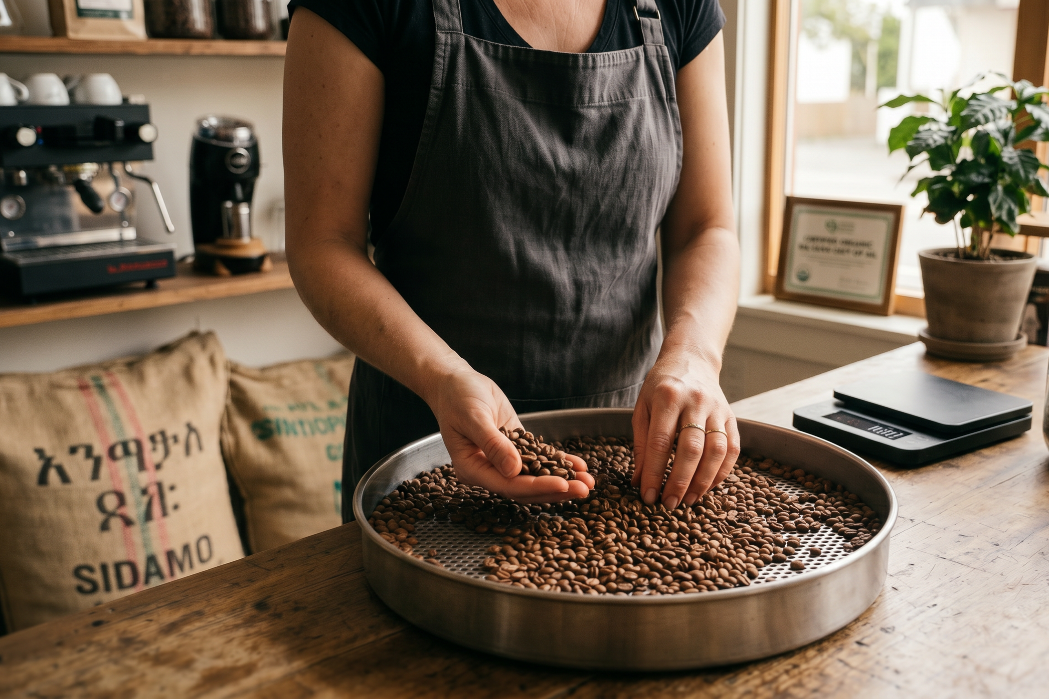 Person wearing a black apron handling roasted coffee beans in a metal tray in a cozy coffee shop environment.