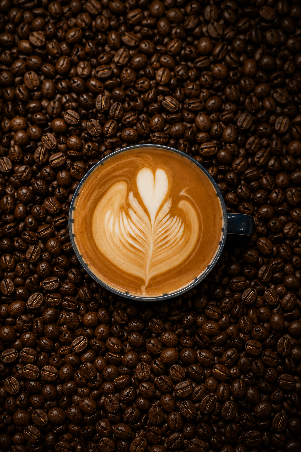 A cup of coffee with latte art on top, surrounded by a large number of coffee beans.