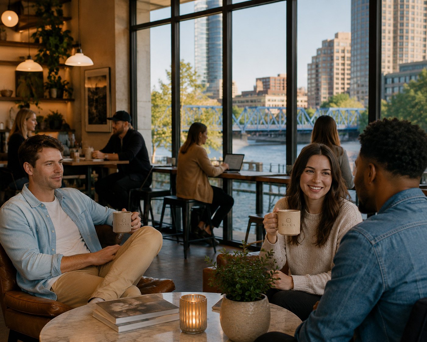 Three people sitting at a table in a cafe near large windows with a city skyline and river view. They are holding mugs and chatting, with a small plant and a candle on the table.