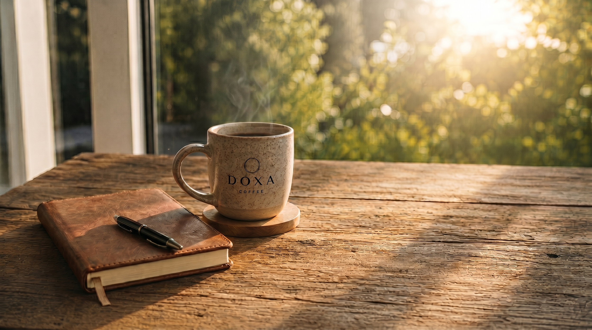 A ceramic mug with steam coming out of it, placed on a wooden coaster on a rustic wooden table near a window, with sunlight and blurred trees in the background. The mug has the word 'DOXA' and 'COFFEE' printed on it. Next to the mug, there is a closed leather-bound notebook with a pen on top.