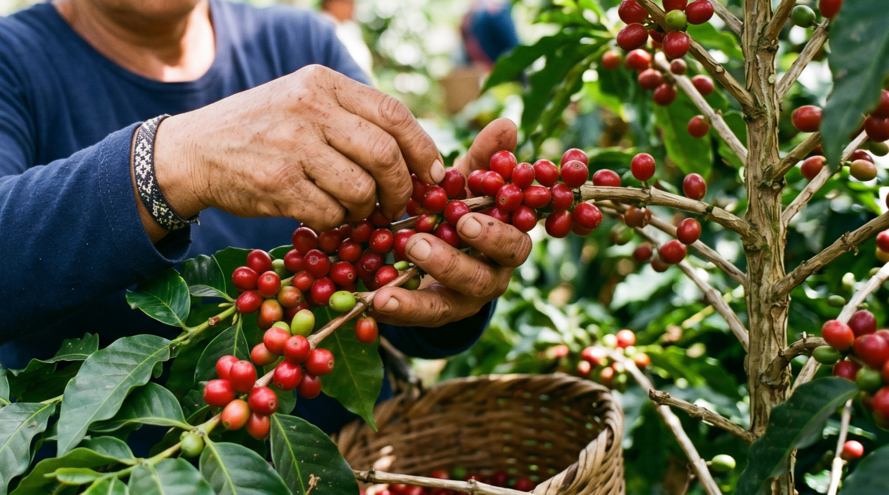 A person harvesting ripe red coffee cherries from a coffee plant in a farm or garden.