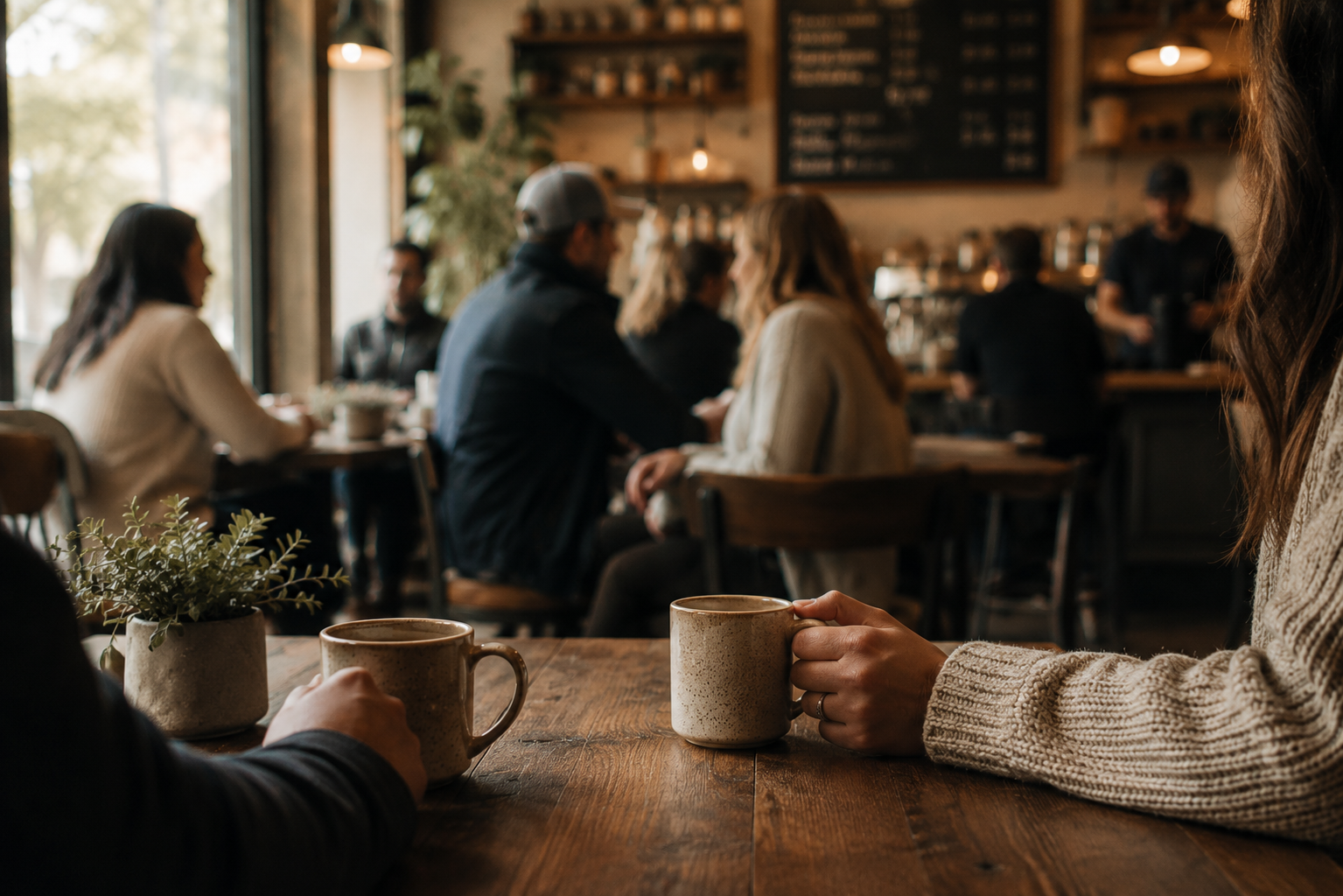 People sitting at wooden tables in a cozy coffee shop with natural light coming through large windows, some holding coffee mugs, and a chalkboard menu in the background.