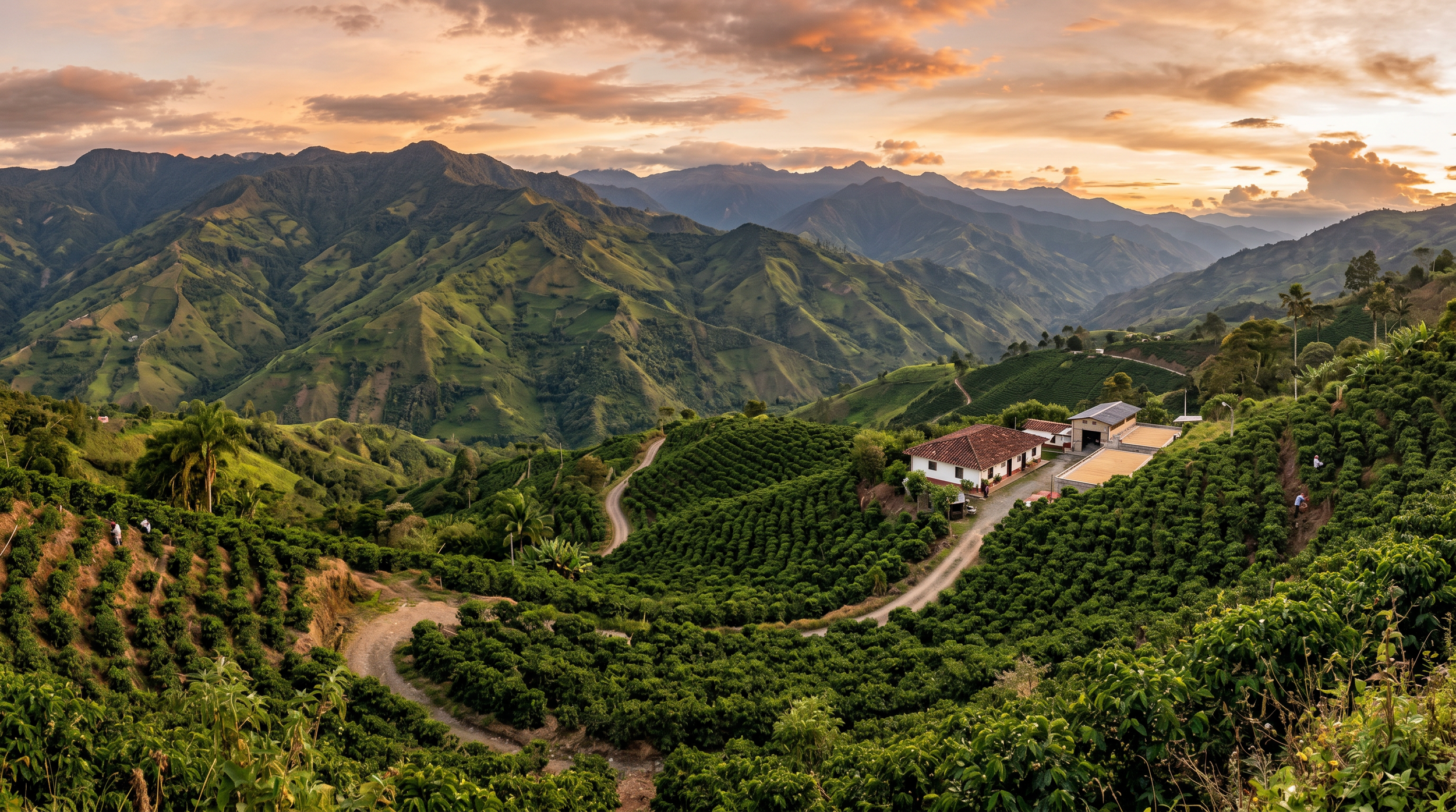 A scenic landscape of rolling green hills and mountains during sunset, with a farmstead and cultivated fields in the foreground, winding roads, and a partly cloudy sky.