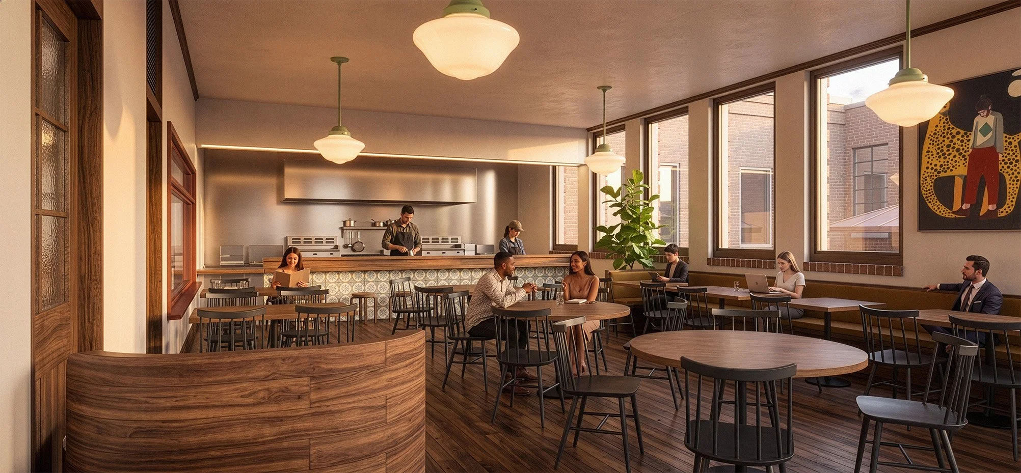 Interior of a modern restaurant or cafe with large windows, wooden furniture, and several people dining or working on laptops, with a chef preparing food behind the counter.