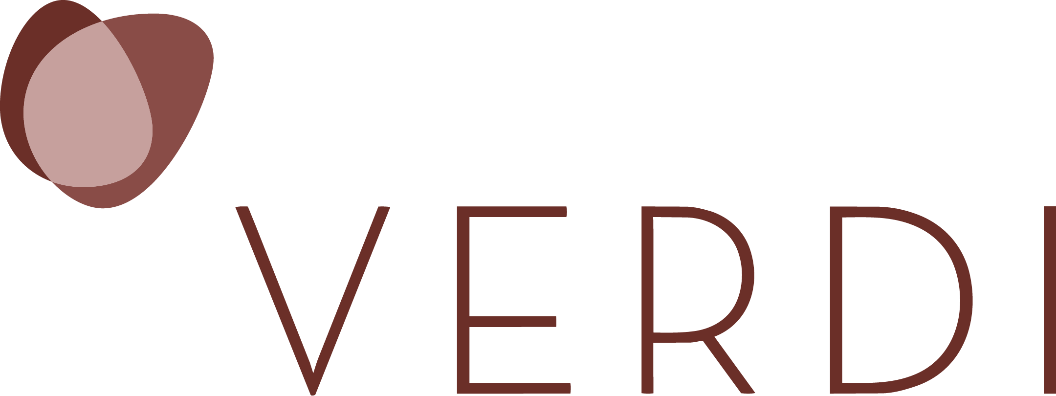 Logo with an abstract graphic of a Red and pink almond shape next to the brick red words 'Verdi' in a stylized font.