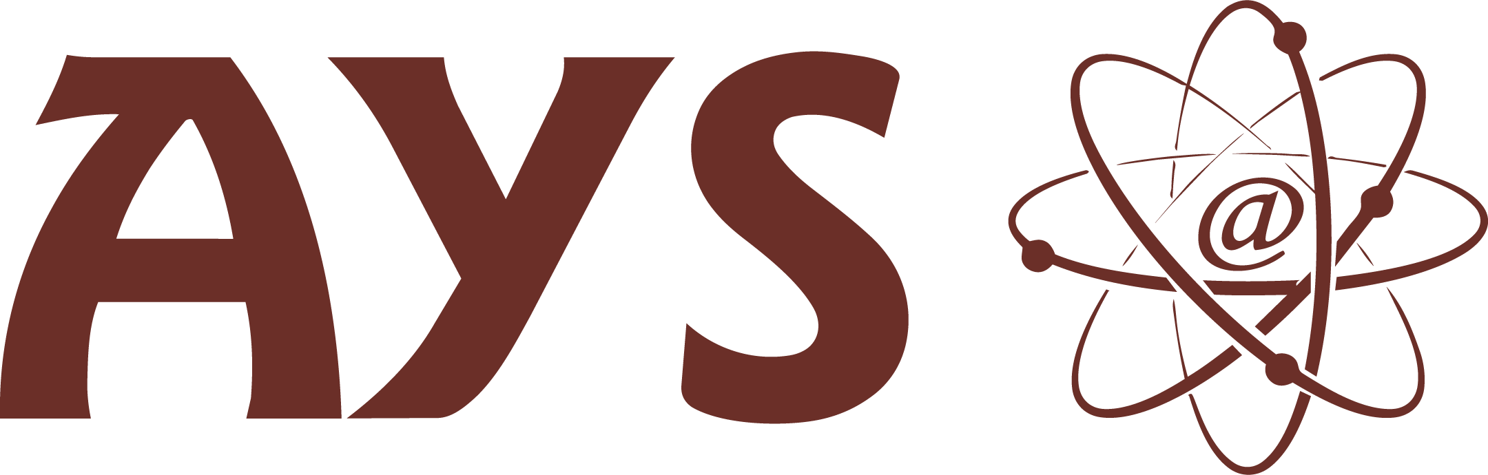 Logo with the word 'AVS' in large brick red letters next to an atom symbol with an '@' in the center.