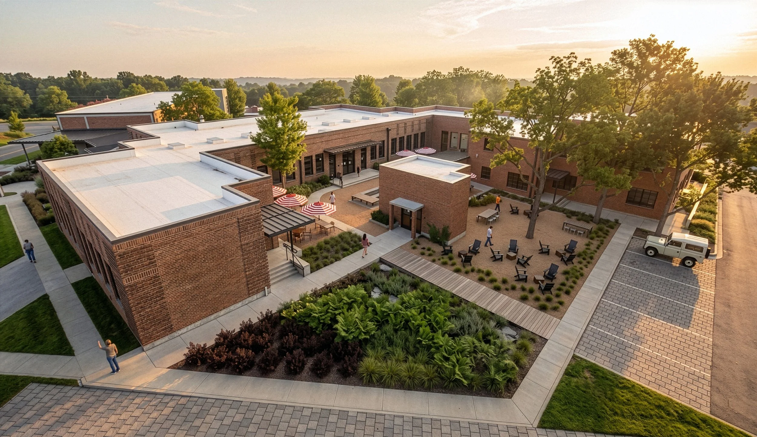 Aerial view of a modern brick building with outdoor seating, trees, and landscaped garden area during sunset.