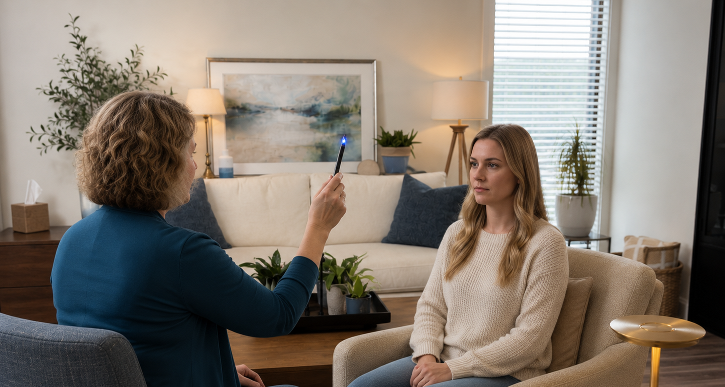 A therapist conducts a counseling session with a young woman, sitting in a cozy, well-lit living room with plants, paintings, and lamps.