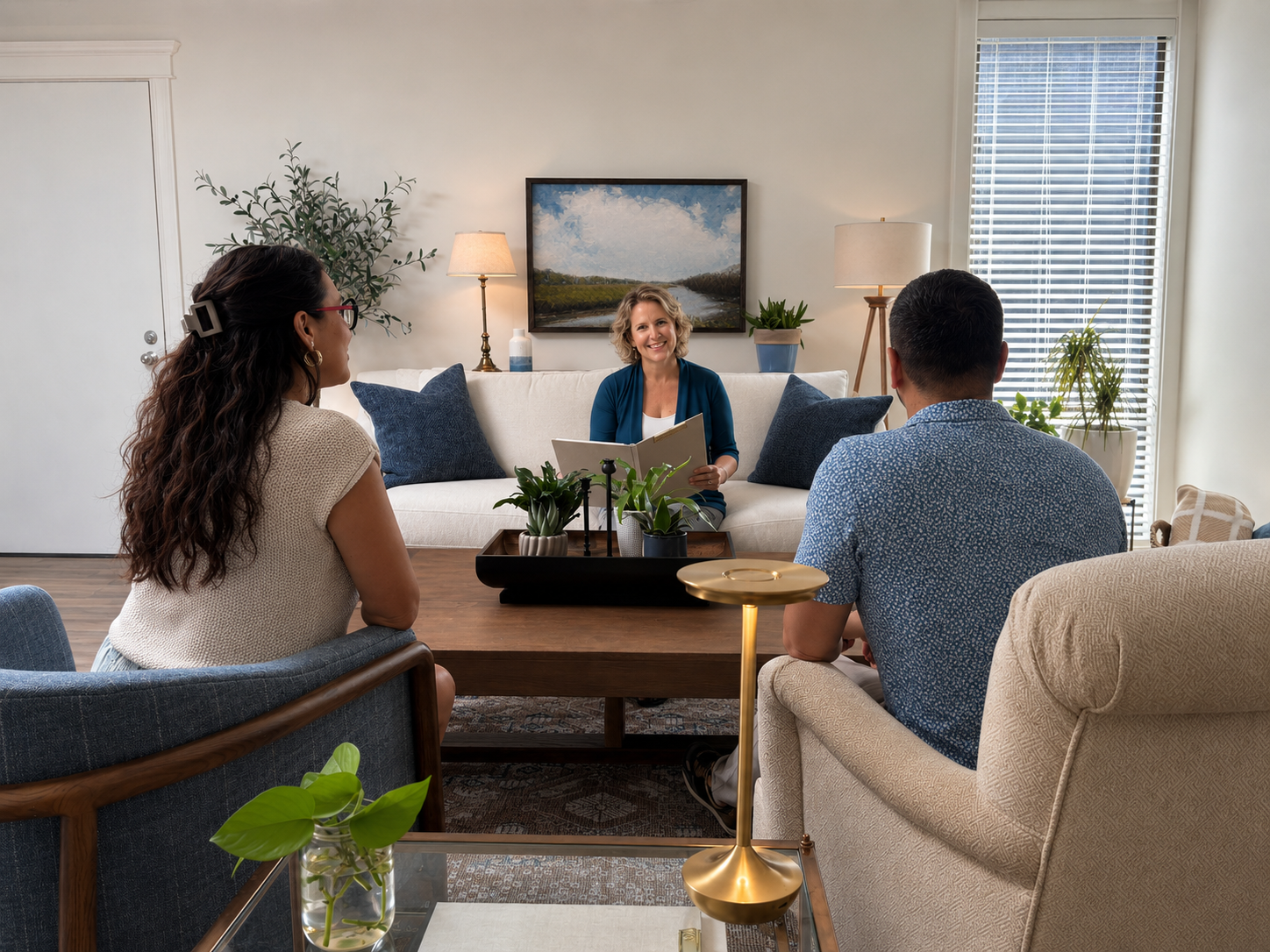 A woman in a teal blazer and white top sits on a white sofa, smiling, during a counseling session with two clients, a woman with long dark hair and a man with short dark hair, in a cozy living room with plants and paintings.