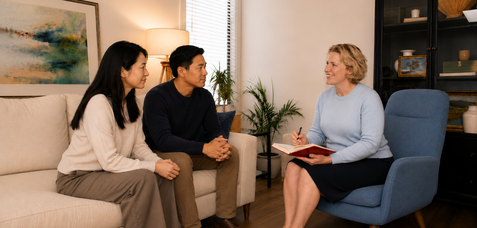 A woman with blonde hair sitting on a blue armchair, holding a notebook and pen, talking with a couple seated on a cream sofa in a cozy living room.