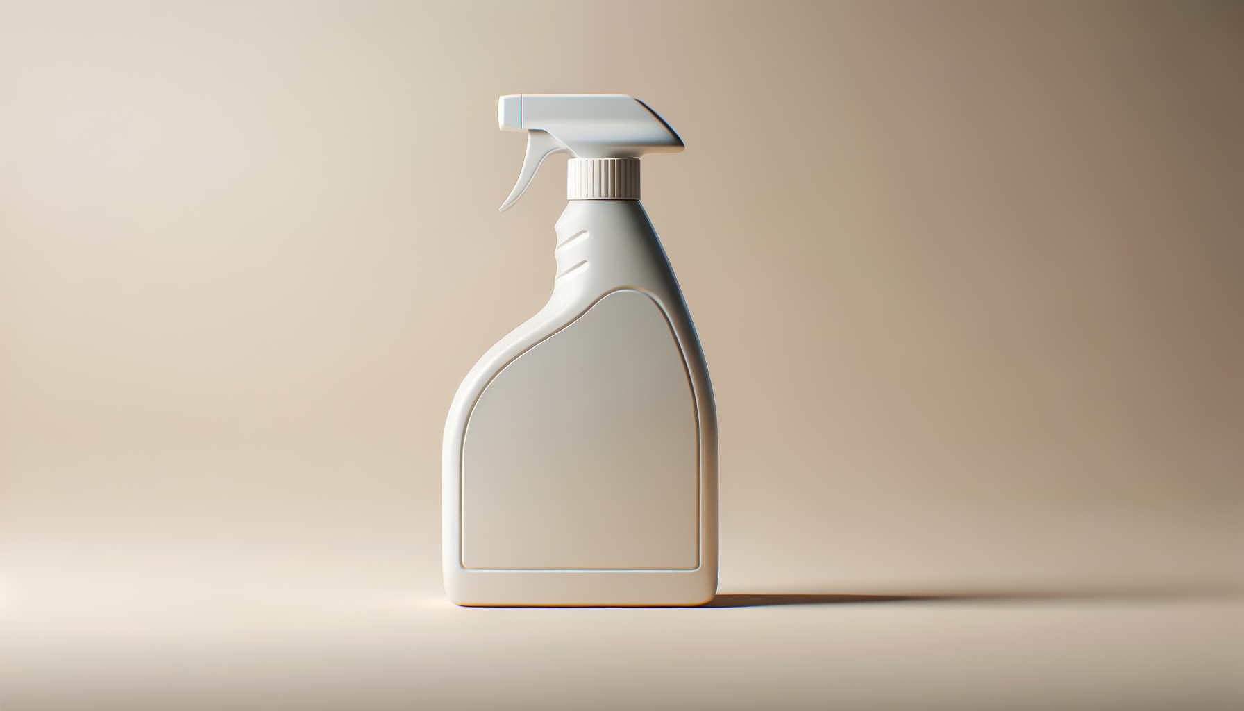 A white plastic spray bottle with a blank label, shown against a beige gradient background.