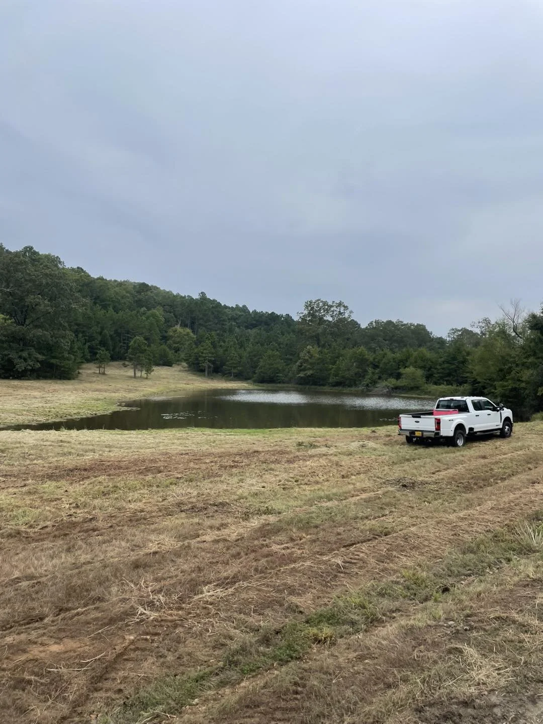 A white pickup truck parked near a small lake or pond surrounded by grassy land and trees, under a cloudy sky.